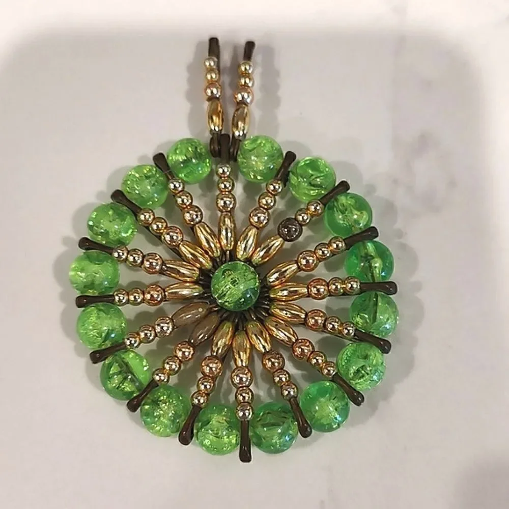 Vintage Safety Pin Art Green and Gold Bead Pendant/Brooch